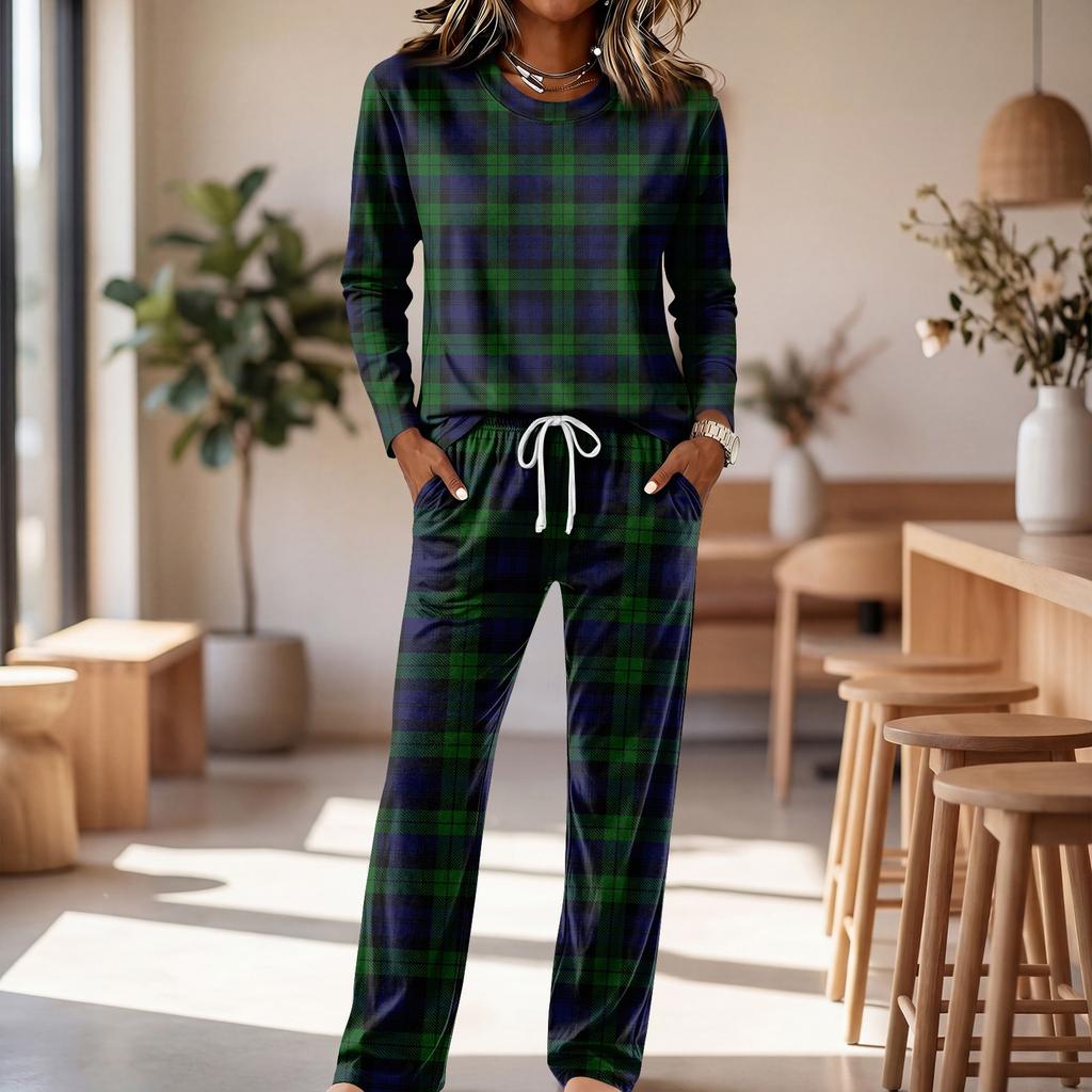 Women's Casual Long Sleeve Round Neck Drawstring Wide Leg Pajama Set for Sleepwear