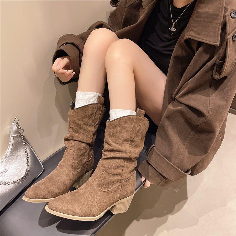 Knight Boots Suede 2025 Autumn Mid-tube Boots Pointed Head Beautiful Thick Heel Piled Boots Women's Retro Folds New Thin Rad