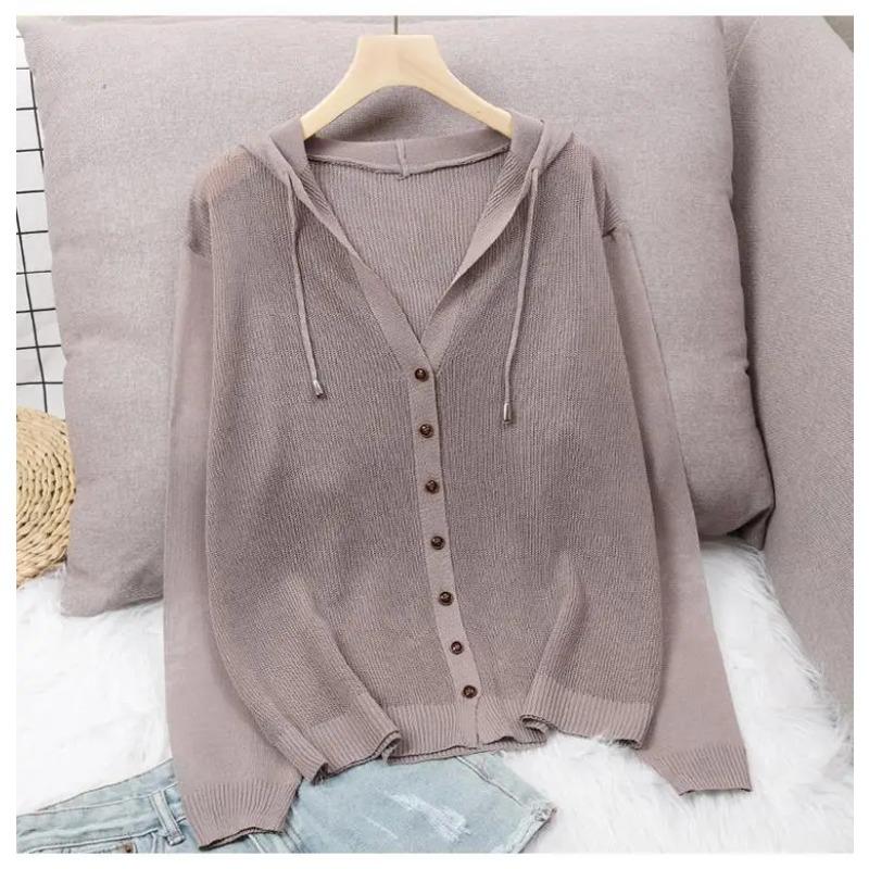 Summer Short Knitted Cardigan Coat Women's Hooded Ladies Solid Color Button Sun Protection Thin Outdoor Outwear