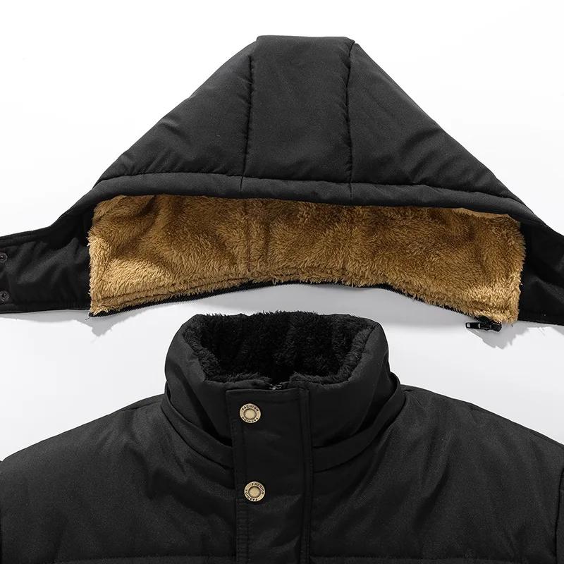 Men Winter Parka Fleece Lined Thick Warm Hooded Collar Coat Male Plush Jacket Autumn Work Out Wearing Black
