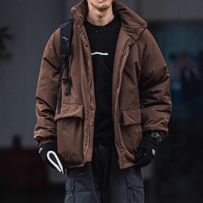 Unisex Oversized Winter Cotton Coat With Stand Collar Coffee Black Solid Color Warm Thick Workwear Style