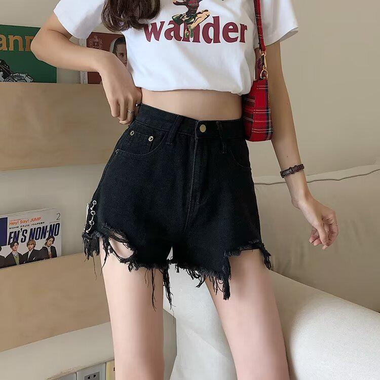 

Plus Size High Waist Ripped Denim A-Line Shorts for Women - Slimming, Raw Edge, Trendy Summer Style M: Height 155-165CM (95-108 jin)