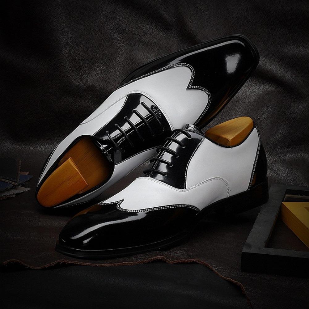 New men's pointed leather shoes cowhide business dress black and white retro Oxford men's shoes