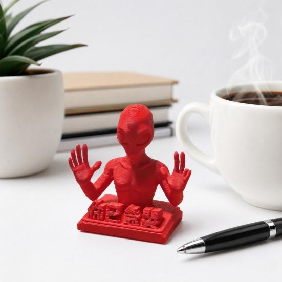 3D-gedrucktes Schreibtischornament, Lustige rote Alien-Skulptur mit motivierenden Zitaten für Schreibtischdekoration von Büroangestellten, Stressabbau-Spielzeuggeschenke für Kollegen