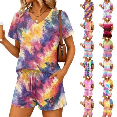 Women Casual Two Piece Set V Neck Short Sleeve Top and Elastic Waist Drawstring Shorts Lounge Set for Summer