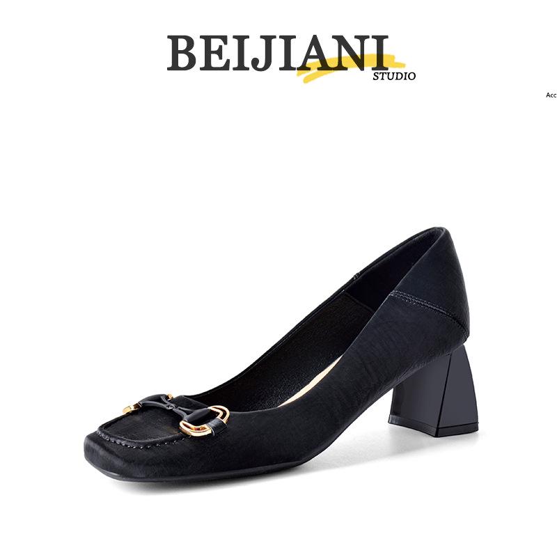 

BEIJIANI 5525-8 Women s Square Toe Sheepskin Chunky Heels with Metal Buckle, Convertible Step-on Design. 36