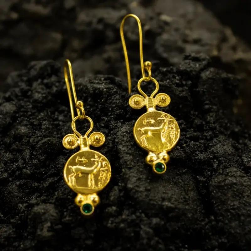 Винтажные круглые серьги с инкрустацией зеленым камнем, круглые геометрические, креативные, золотистого цвета, висячие серьги для женщин