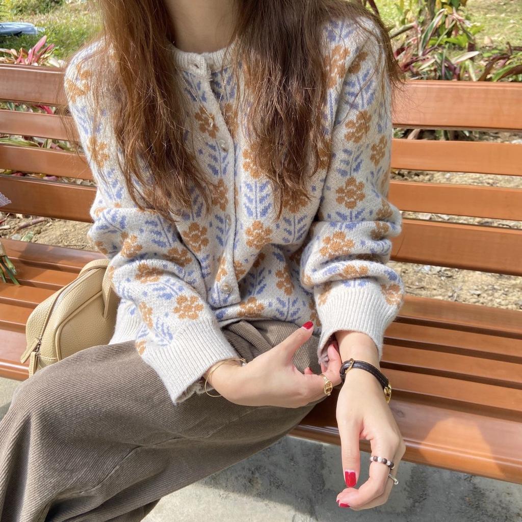 Autumn Cardigan Women Korean Winter Elegant Printed Cold Blouse Fashion Clothing Sweater Flowers Knitted Sweater Cardigan Y2K Streetwear