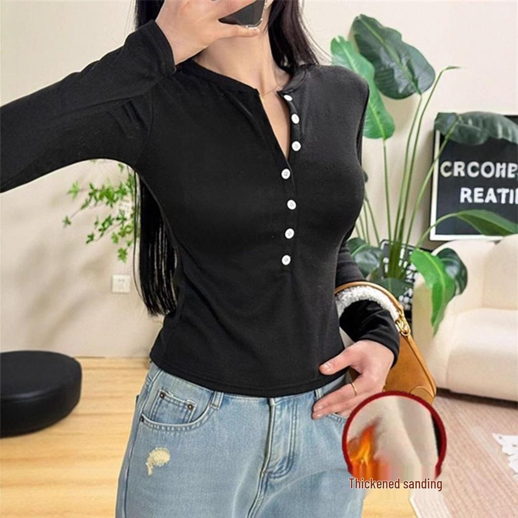 Women's Slim Fit Half-Open Collar Long-Sleeve T-Shirt - Autumn/Winter, Spicy American Style, Brushed Fleece, Plus Velvet Inner Layer.