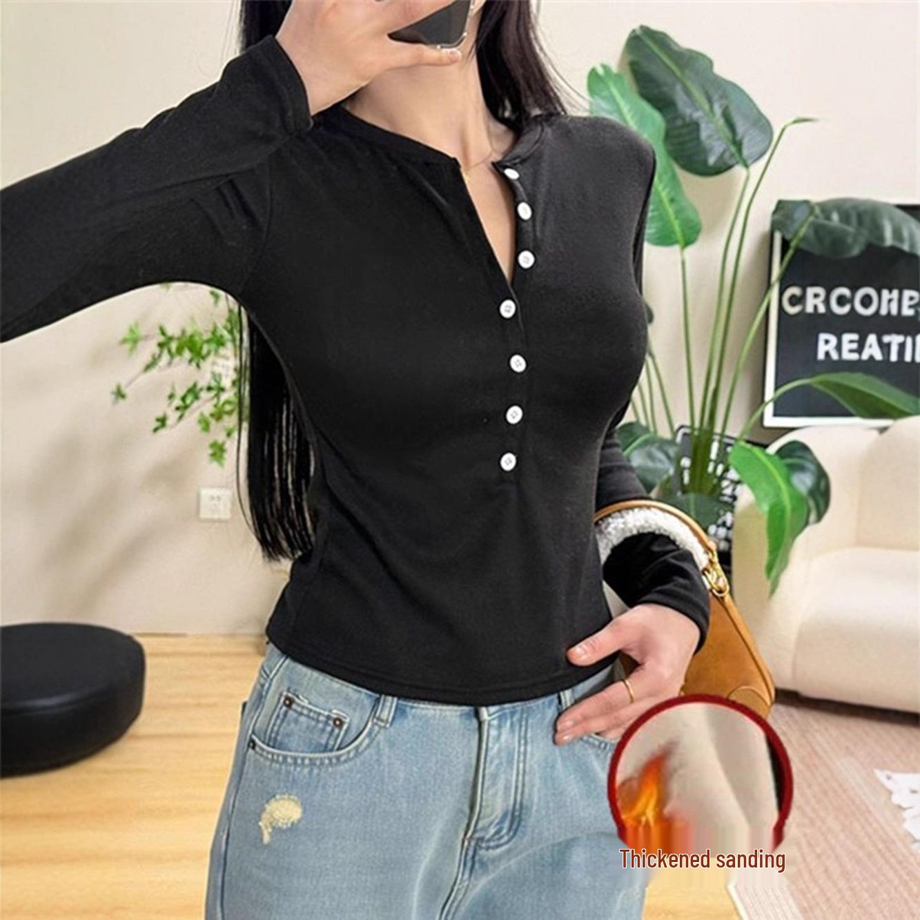 

Women s Slim Fit Half-Open Collar Long-Sleeve T-Shirt - Autumn/Winter, Spicy American Style, Brushed Fleece, Plus Velvet Inner Layer. Medium