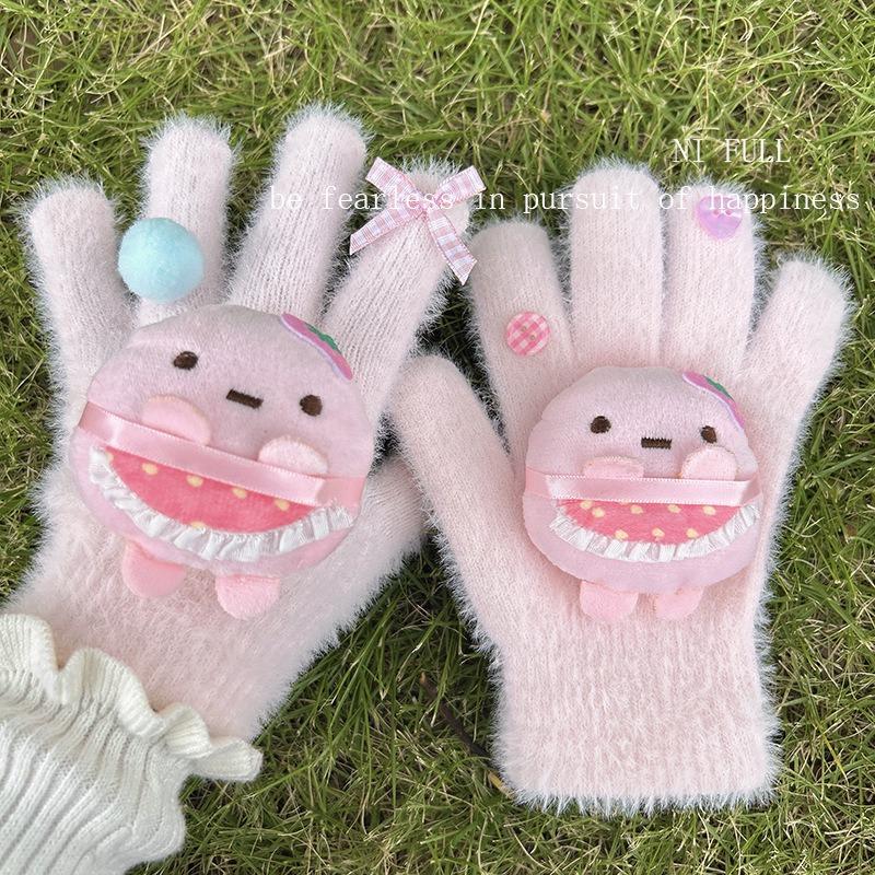 Miffy Rabbit sea salt blue bone girly gloves, cute plush and faux mink, warm split-finger gloves for women