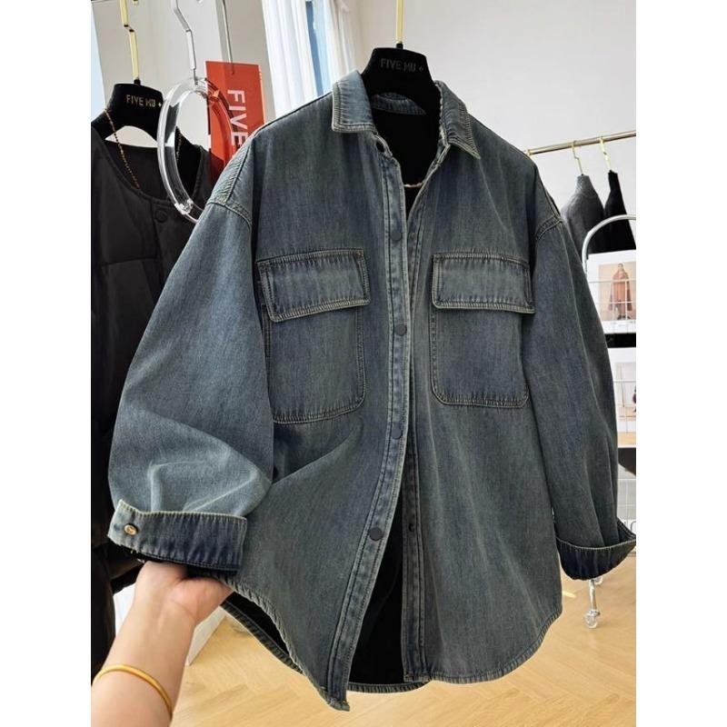 Demin Coat for Women Cotton Thickened Plush Autumn Winter Sleeve Oversize  Casual Zipper Throwback Jacket