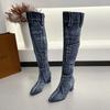 Fashion Sexy Jean Boots Women's Knee-High Boot Zipper 6CM High Heel Woman Stylish Jeans Boots Ladies Denim Boot Female Shoes Cowboy