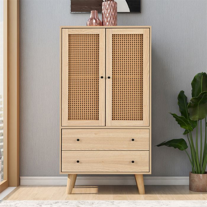 Buffet 60 x 40 x 120 cm chêne - 2 portes rotin, 2 tiroirs, 4 compartiments, meuble de rangement