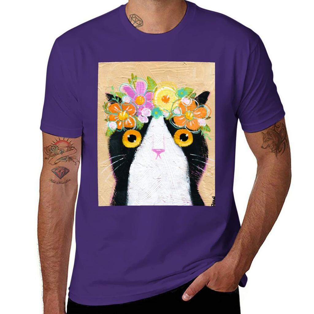Kittys Flower Crown TShirt Aesthetic Clothes Customs for a Boy Black Tshirts for Men