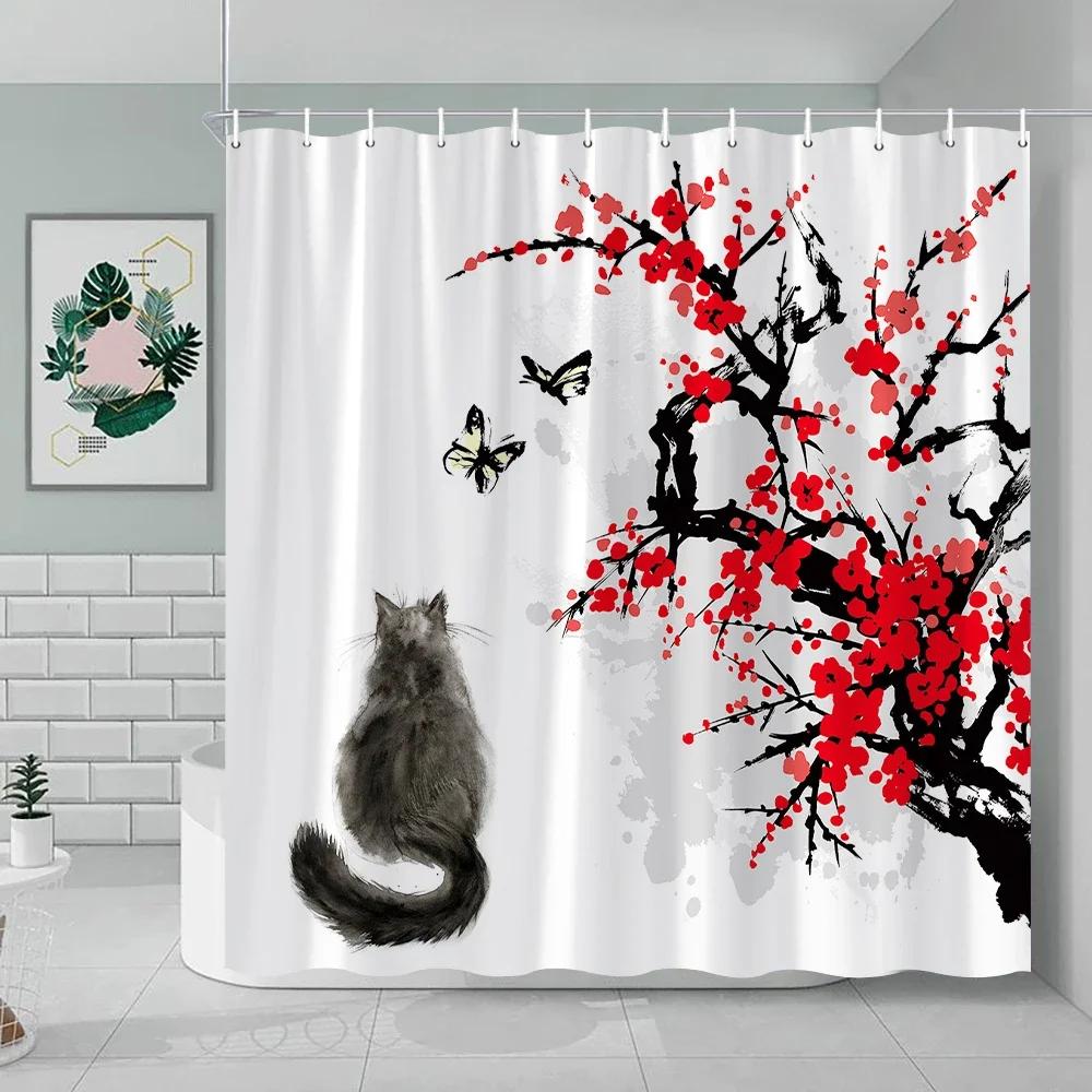 Asian Style Traditional Japanese Ink Painting Shower Curtain Vintage Cat Animal Cartoon Black Cat Silhouette Bathroom Decorative