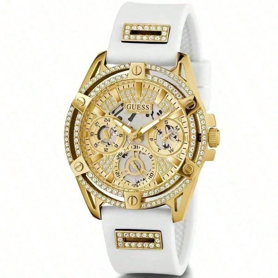 Guess Ladies' 40mm Gold Watch - Stainless Steel Case Skeleton Dial White Silicone Strap GW0536L2