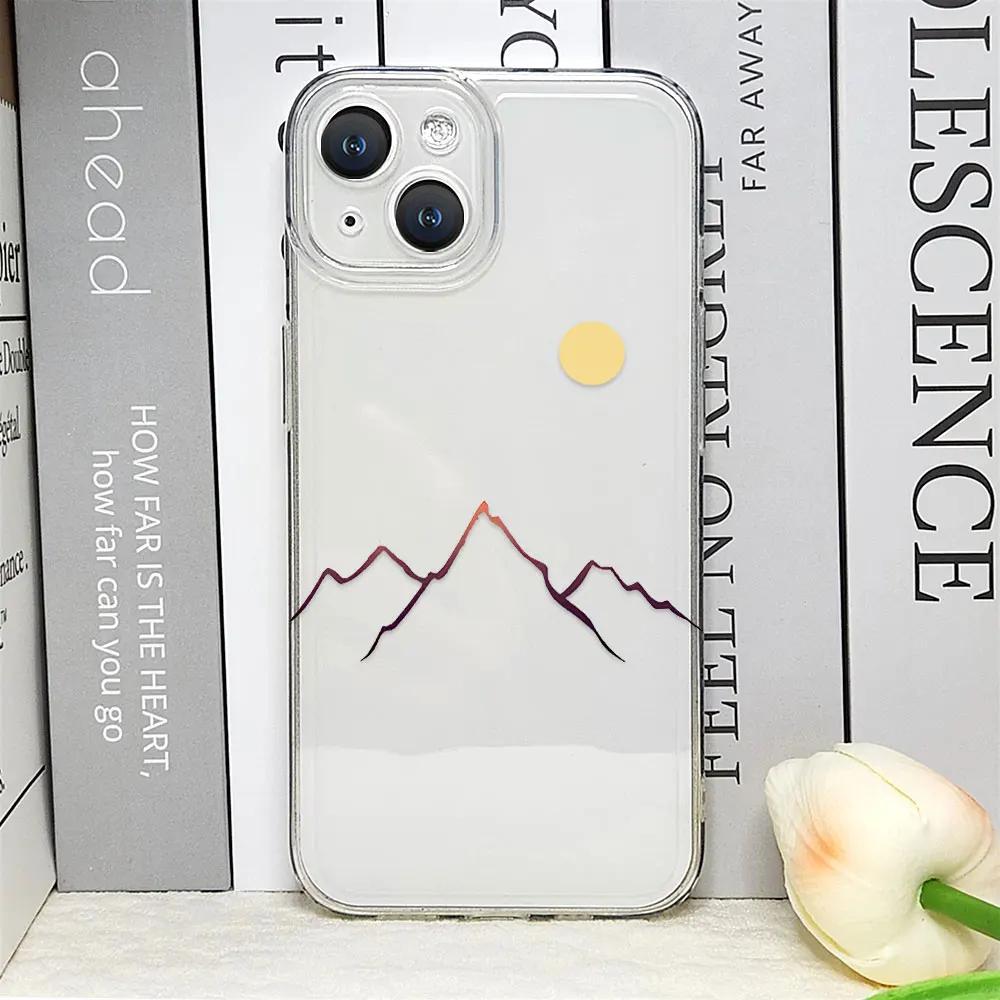 Line Mountain Scenery Phone Case for IPhone 16 Pro Max 11 12 13 Mini XS MAX X 7 8 14 15 Plus Cases Simple Sun Moon Couples Cover