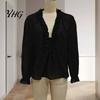 Women V-neck Shirt Ruffle V-Neck Top, Solid Color Casual Long Sleeve Breathable Pullover Shirt, Retro Pleated Loose Blouse for Autumn Top
