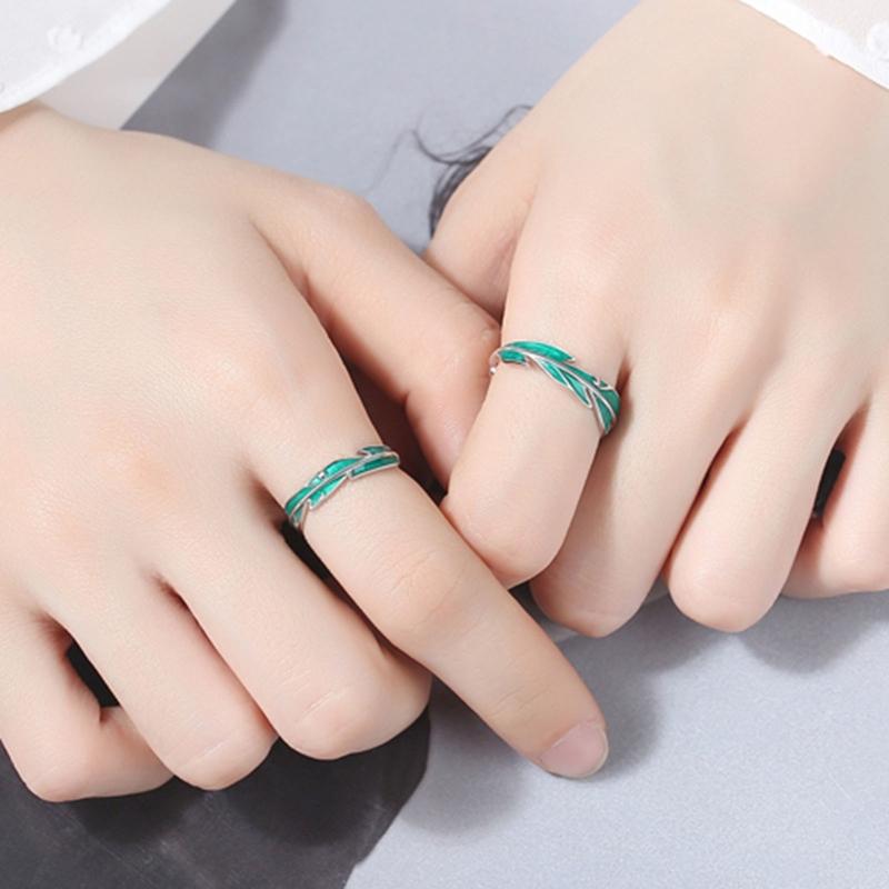 2x Sweet Simple Irregular Green Leaves Couple Ring For Women Lover Silver Open Resizable Ring Romantic Wedding Jewelry