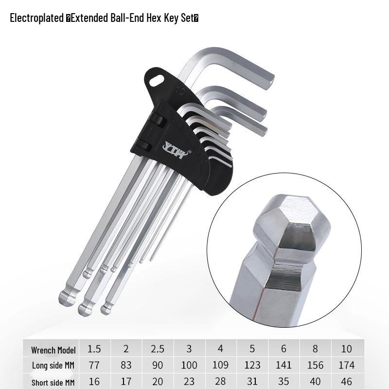 Electroplated Silver Hex Key Set - 9-Piece Flat Ball Head, Metric & Imperial L-Shaped Wrench