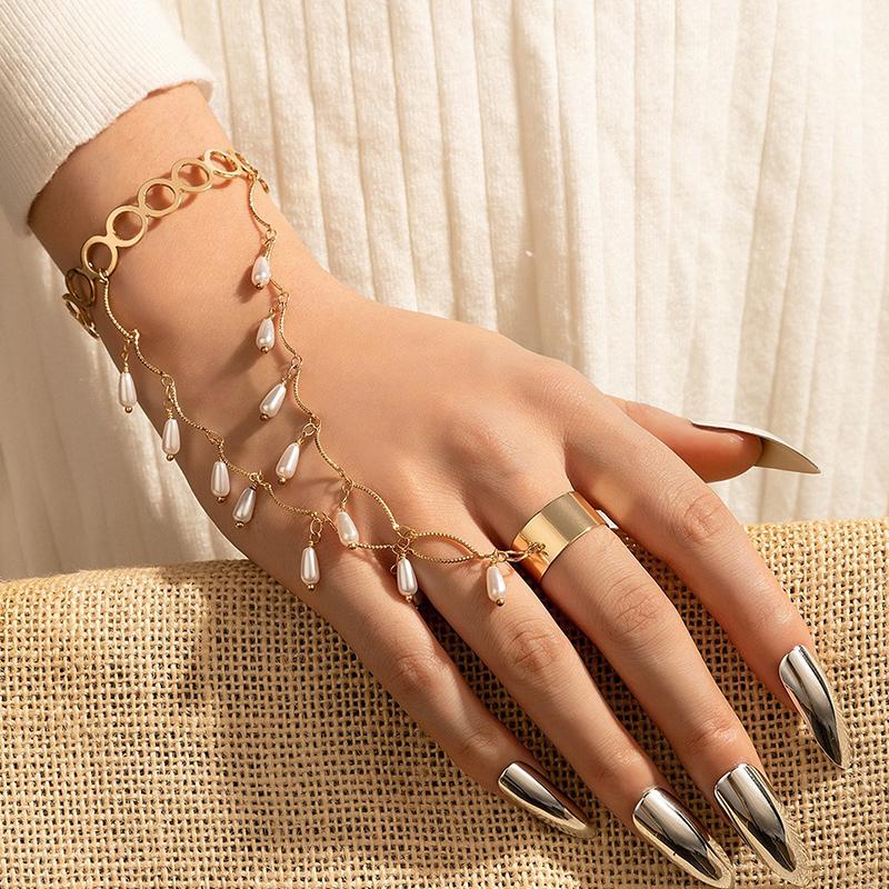Pendant Chain Bracelet Link Connected Gold Colour Wide Finger Ring Bracelets For Women Link Hand Harness Jewelry