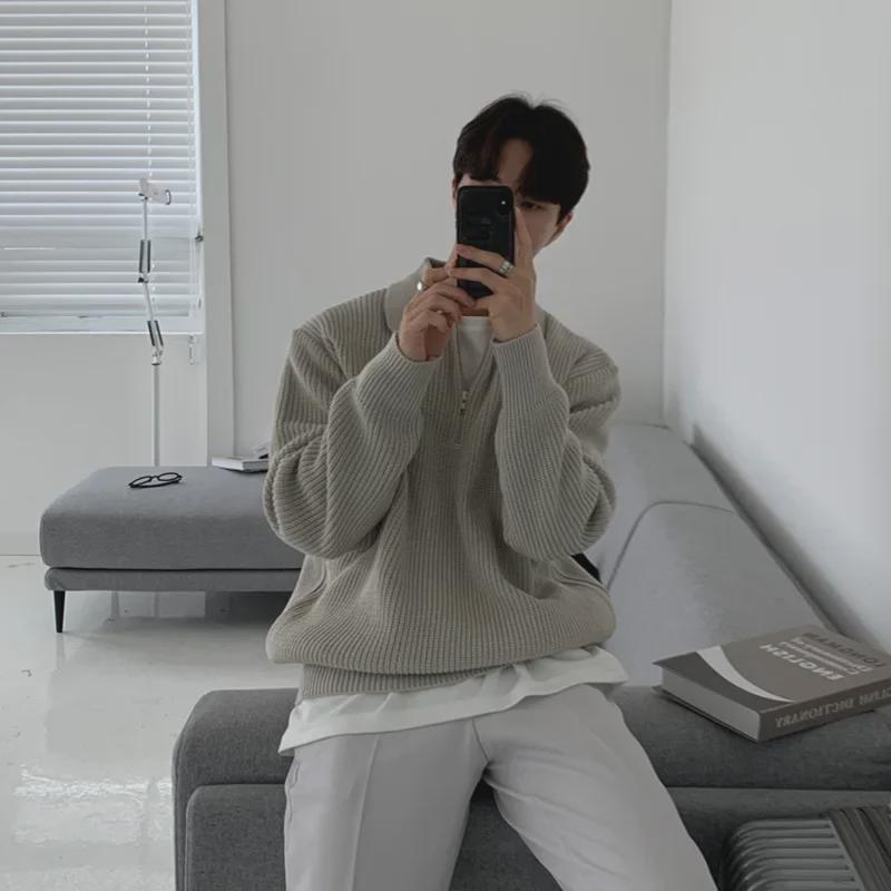 Męski sweter retro zapinany na pół zamek: Gruby, Luźny krój, Styl japoński (Kolekcja Jesień/Zima)