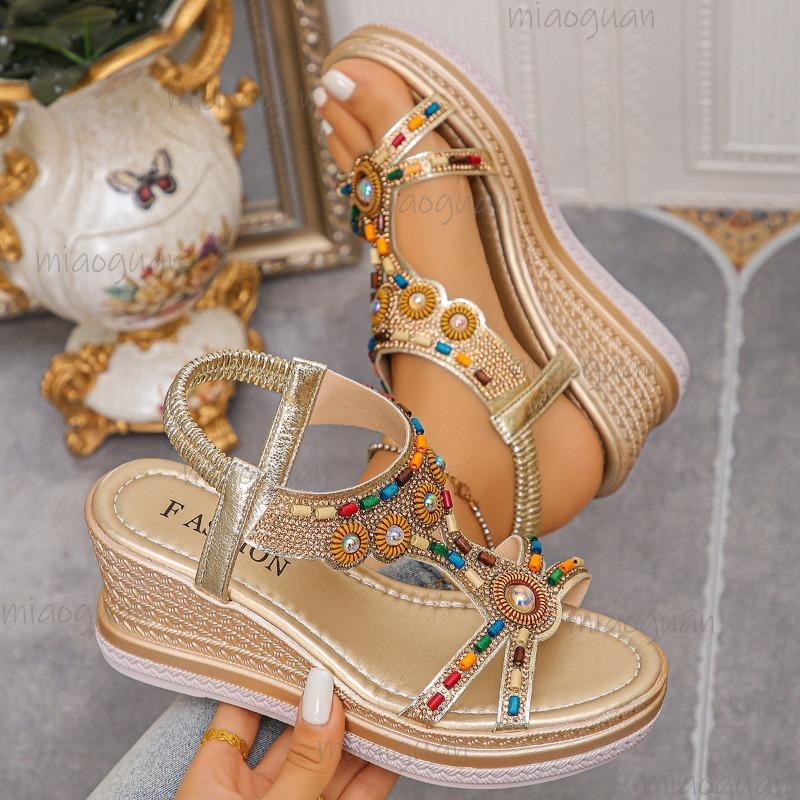 Casual Summer 2025 Open-Toe Beach Sandals with Beads Bohemian Platforms Sandals for Women's Footwear Sandalias De Mujer