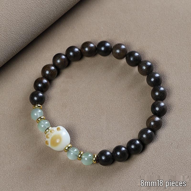 Bodhisattva Agarwood Bracelet: Double Circle Lotus & Cat Paw Beads, Jade Accents, Women's Prayer & Literary Play Accessory