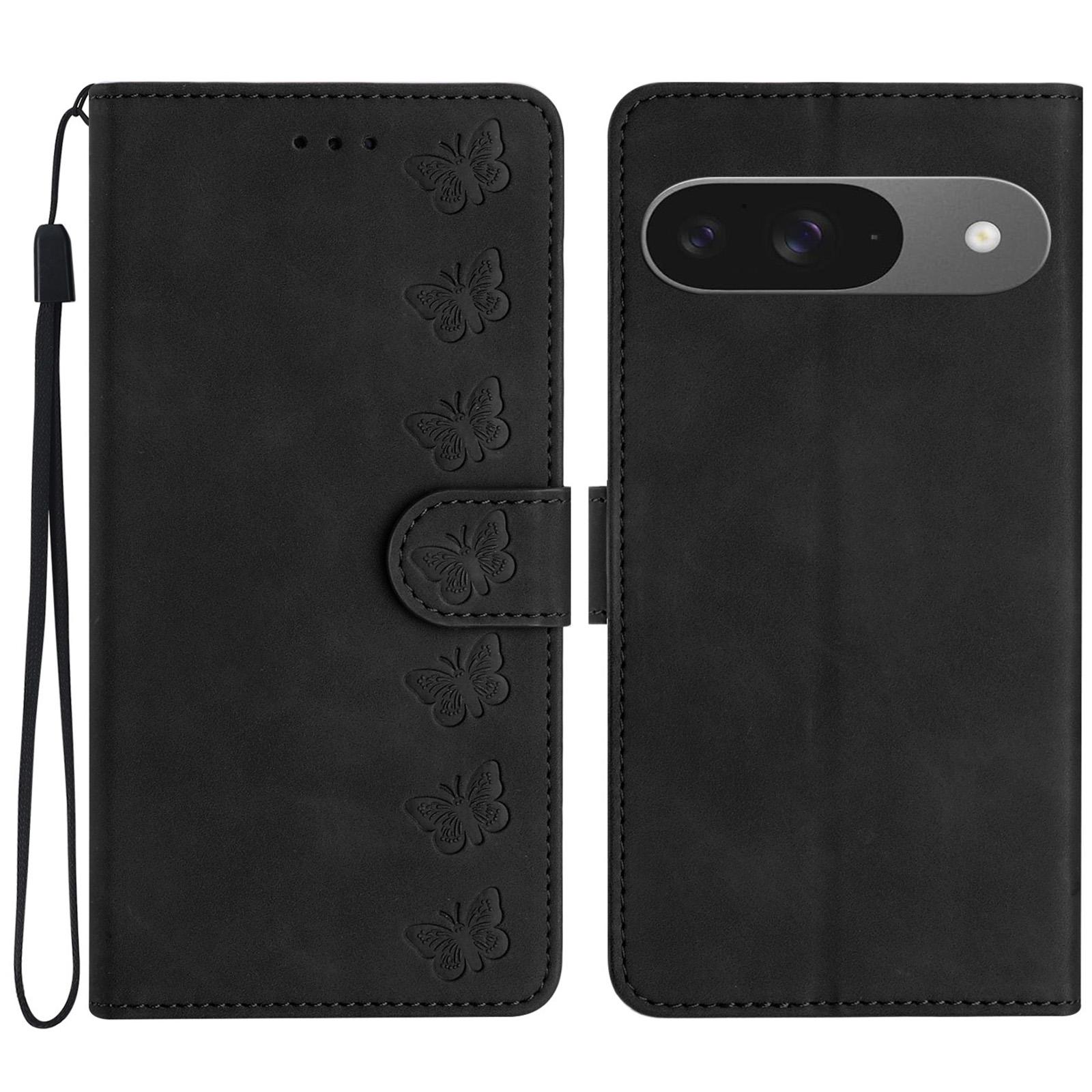 

For Google Pixel 9/Pixel 9 Pro Case Imprinted Butterfly Leather Wallet Phone Cover Black
