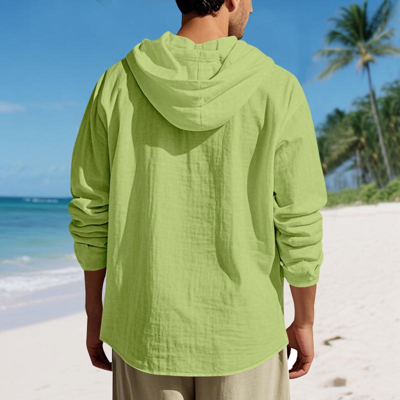 Mens Linen Hooded Long Sleeve Open Front Casual Beach Shirt