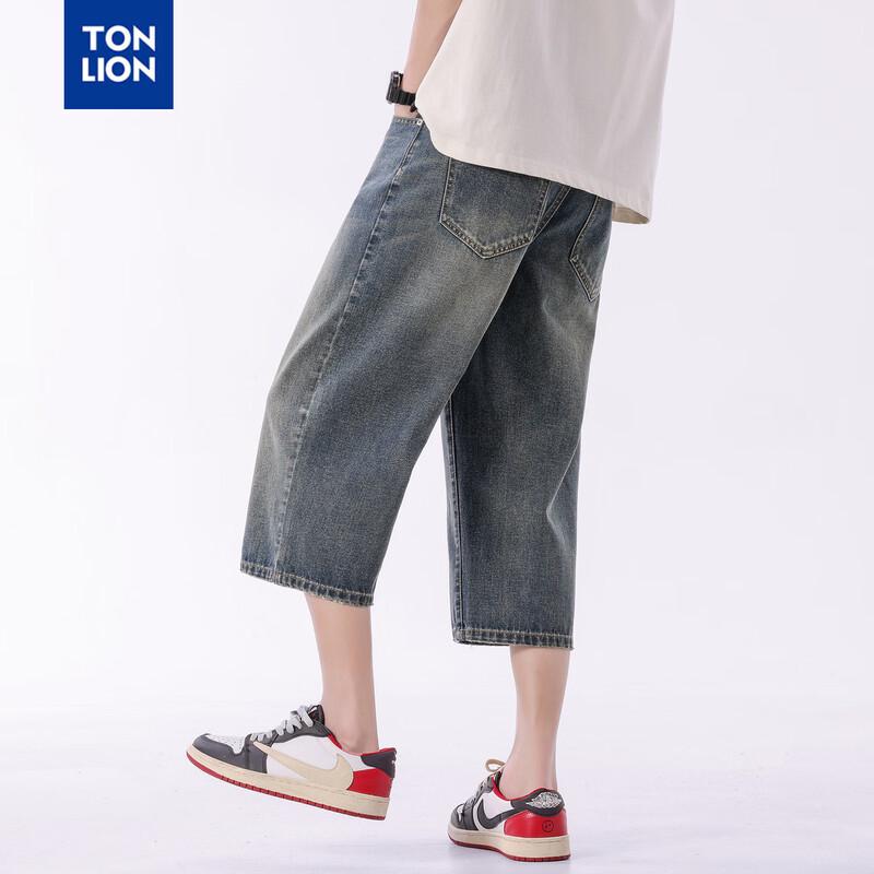TonLion Men s Loose Fit Cropped Denim Shorts 30