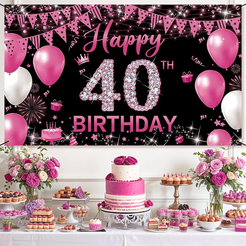 Fabric 40th Birthday Banner Backdrop Hot Pink, Happy 40th Birthday Decoration for Women, 40 Year Old Birthday Party Yard Sign Photo Props Decor