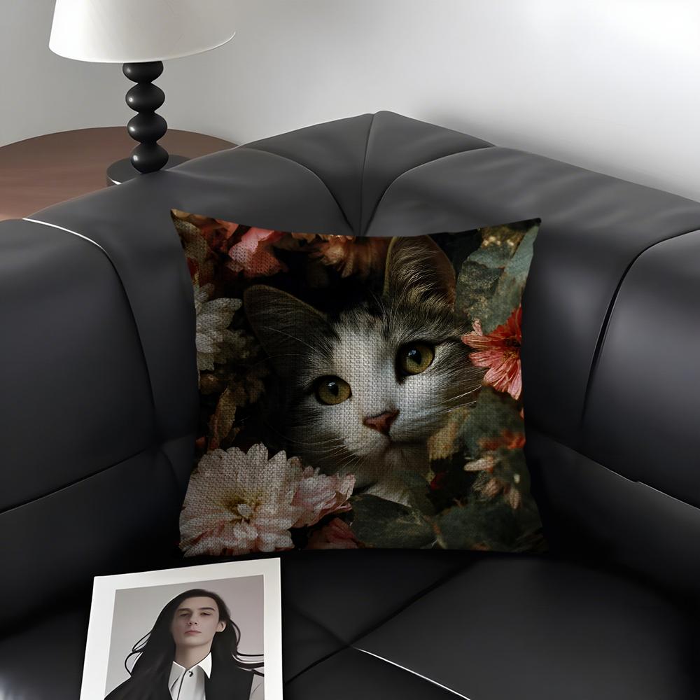 Cat And Flower Fashion Cushion Cover Natural Linen Organic Fabric DoubleSided Printing Sofa Home Decor Gift Pillow Case