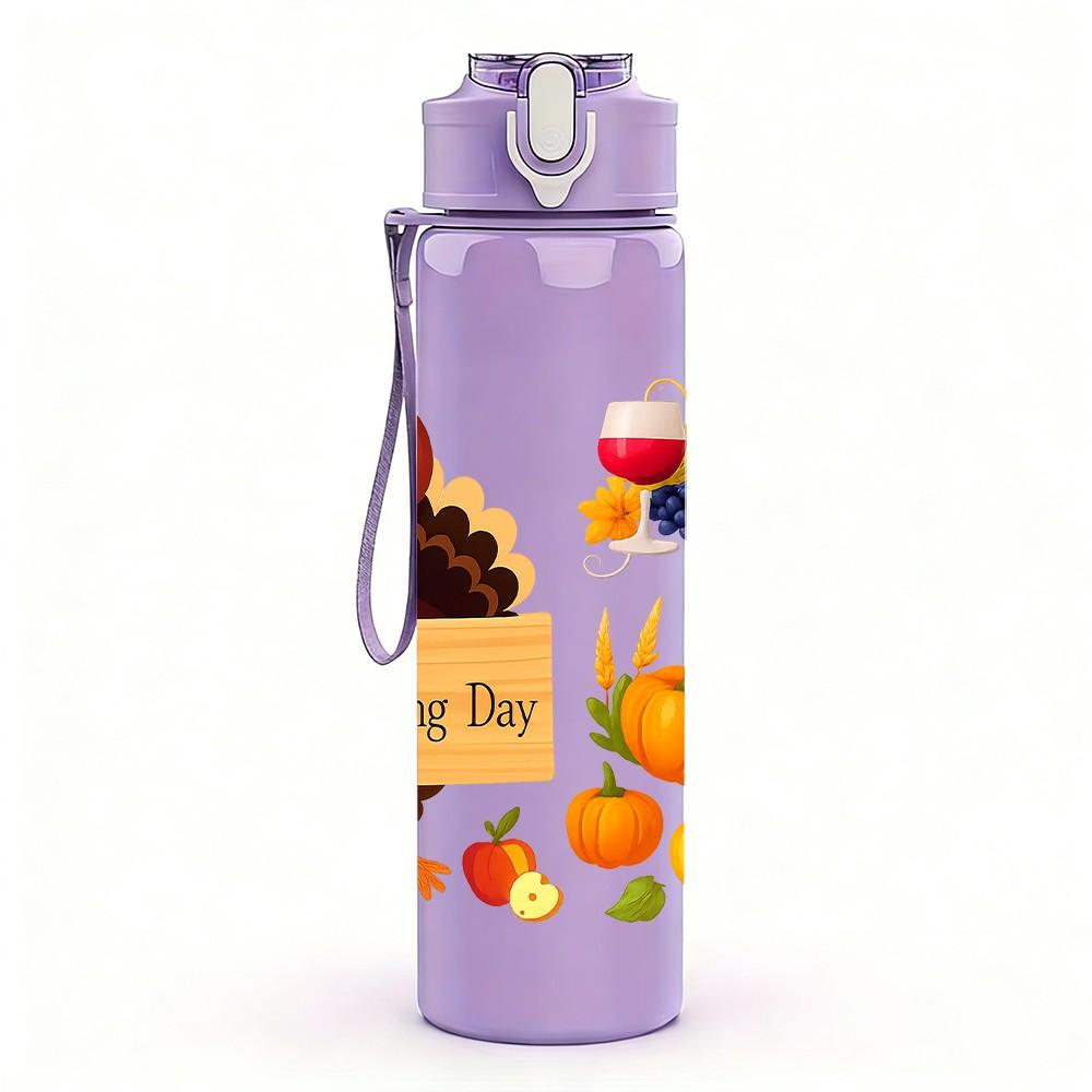 1PC Thanksgiving Turkey Harvest Pattern 750ml Color Plastic Sports Water Bottle Leakproof Flip Straw Lid Suitable for Sports Office Home Use