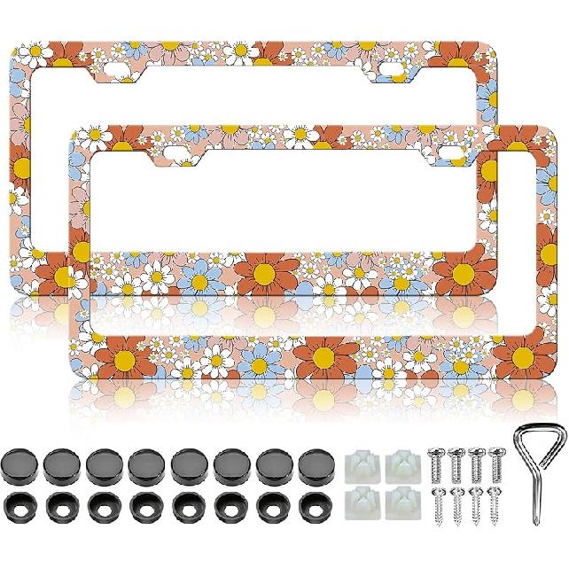 HCSS 2PCS American Flag Eagle License Plate Frames Patriotic US Flag License Plate Holder Stainless Steel Auto Parts Rust-Proof Waterproof Car Retro Floral Daisy