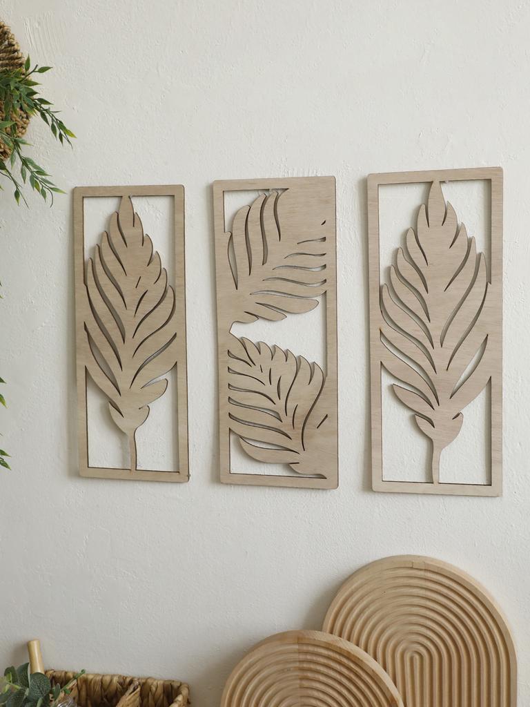 3 Stück Holz Kunst Wanddeko Boho Blatt Schild Wandakzent Rustikal Palmblatt Holz Wandbehang Skulptur Vintage Tropische Pflanze Deko
