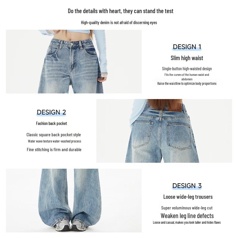 Vintage American Style High-Waisted Wide-Leg Denim Jeans