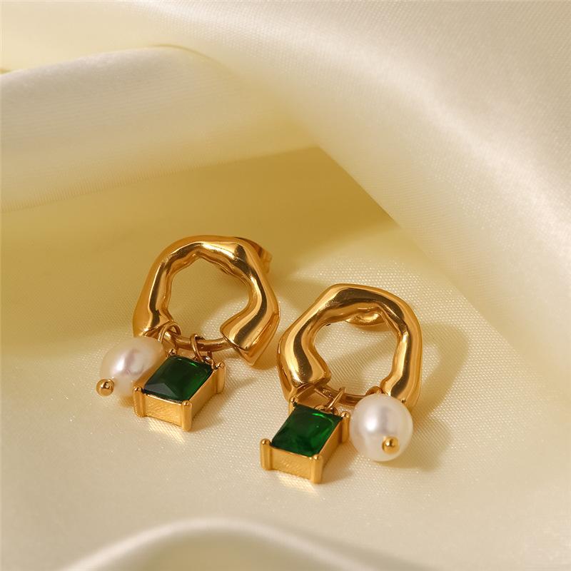 Delicate French Vintage Earrings For Women Girl Green Cubic Zirconia Pendant Earrings Fashion Geometric Pearl Charms Jewelry