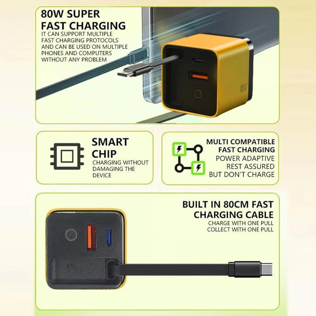Charger, Expandable 80w Max Fast Charger Module With Type-C Cable And 2 USB Ports, Retractable Phone Charger Wall Plug