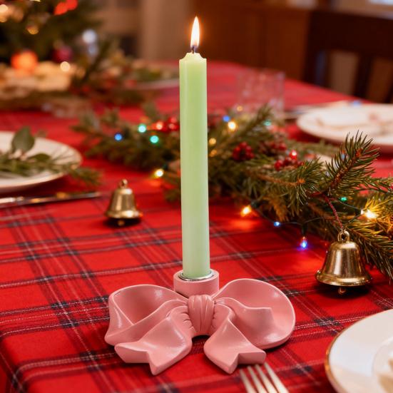 Pink Bow Ceramic Candle Holder Taper Candle Stand Candlestick Table Centerpiece Holiday Party Home Office Desktop Decoration