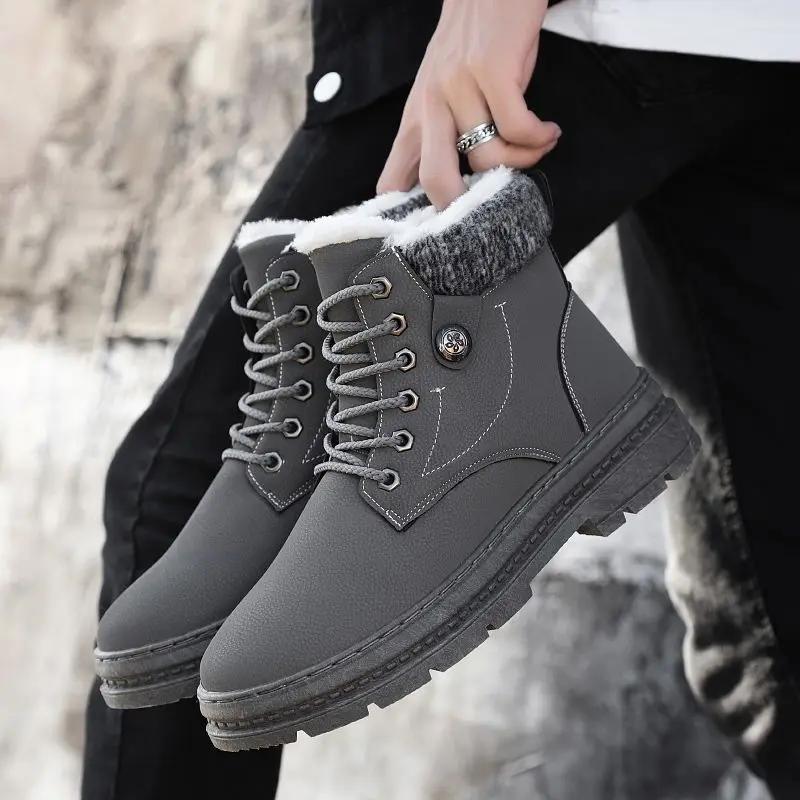 Winter Cotton-Padded Shoes  Fleece-Lined Men's Snow Boots Men's Casual High-Top Thick Warmth Retention Material Ankle Boots