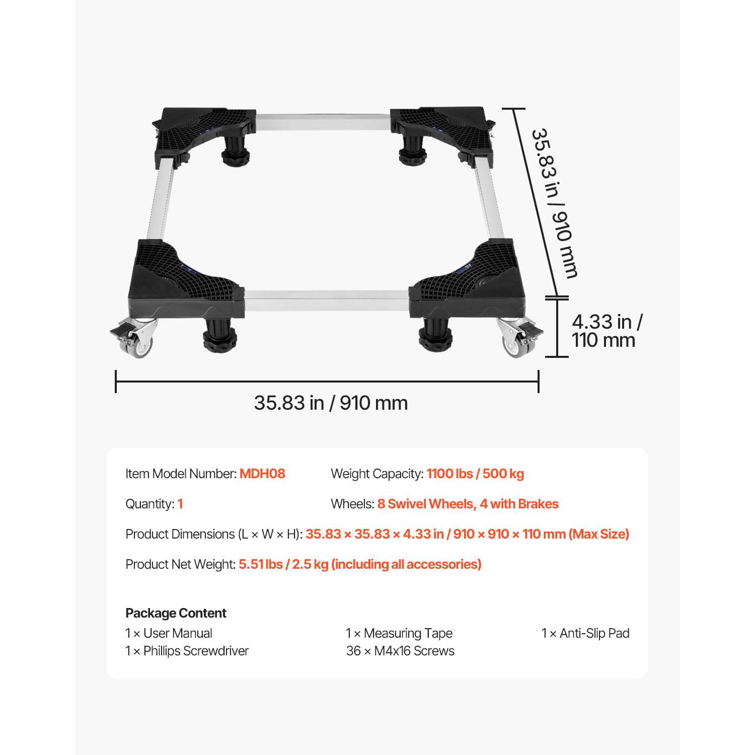 

SucceBuy 1100 фунтов Передвижная платформа для мебели Подставка для холодильника с 8 фиксирующимися двойными колесами 27,5 -35,4 дюйма Регулируемая мобильная база для стиральной машины