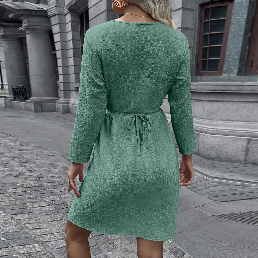 Fashion Women's Color Round Neck Waist Tie Long Sleeve Dress Winter