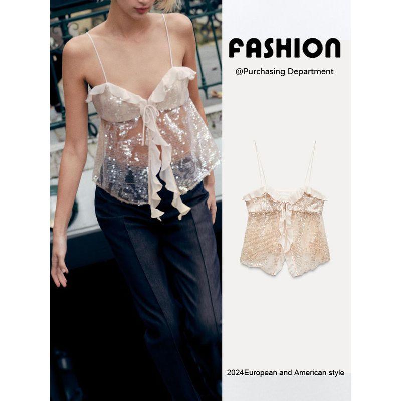 Za2024 Autumn New Women's Clothing Sexy Versatile Cold-Shoulder Sequin Short Sleeveless Sling Tops 9491887