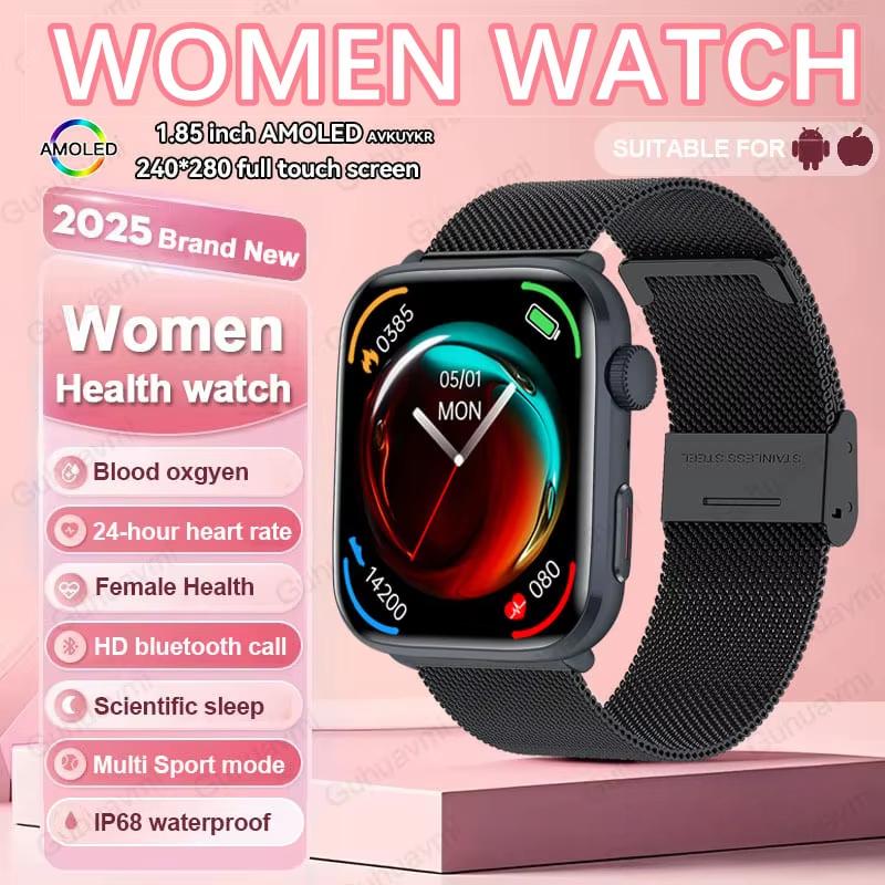 2025 New NFC Bluetooth Call Smat Watch Men 1.85" AMOLED Screen Blood Pressure Heart Rate Female Health Waterproof Smarwatches Ladies