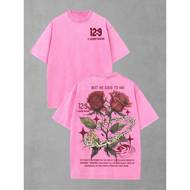 Washed-2 Corinthians 12:9 Roses And Thorns Washed T-Shirt, Vintage Street Style Double-Sided Printed Pattern T-Shirt, Men'S T-Shirt