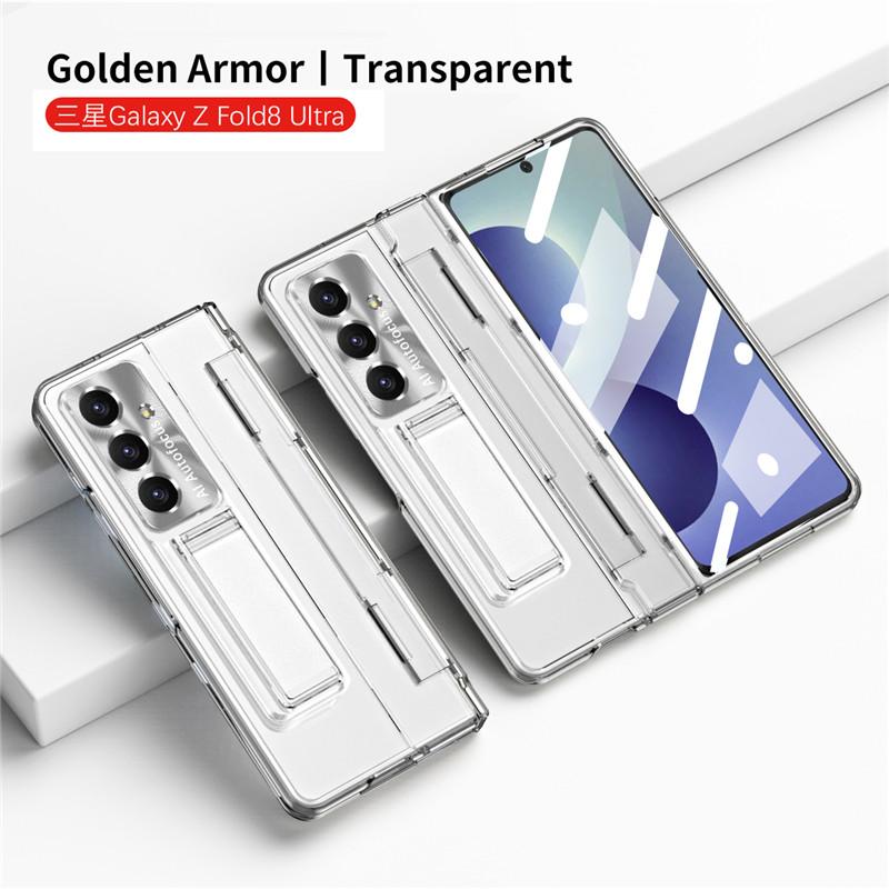 Plating with Glass Film Hinge Protection Case for Samsung Galaxy Z Fold 8 Ultra 7 6 5 4 3 Fold8 5G Bracket Holder Stand Cover