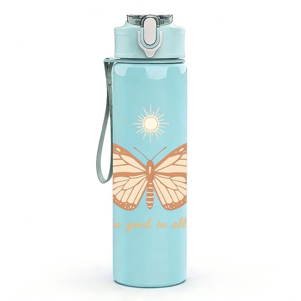 1PC Moon Butterfly Mandala Art 750ml Color Plastic Sports Water Bottle Leakproof Flip Straw Lid Suitable for Sports Office Home Use