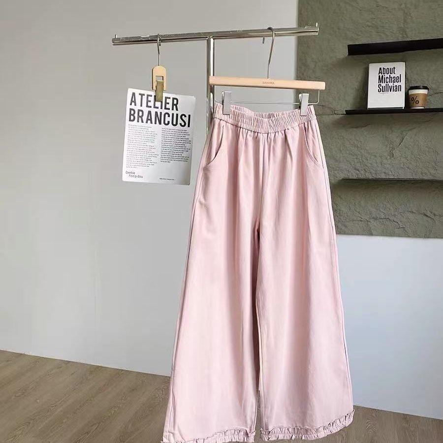 Women's Spring/Summer 2026 Sweet Ruffle Lace Wide-Leg Pants - Elastic Waist, Slimming, Soft, and Smooth Casual Wear